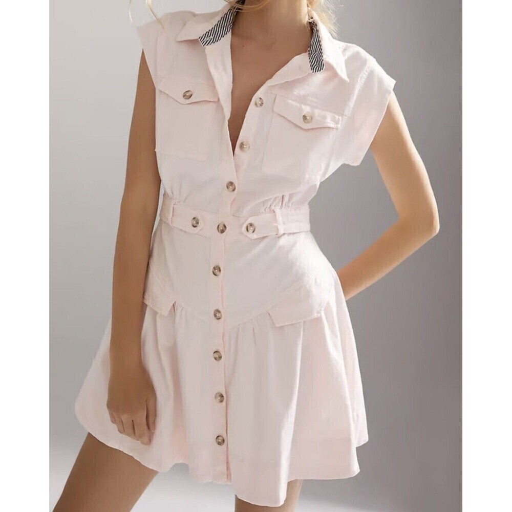Anthropologie Pink Mini Dress Collar Button-up